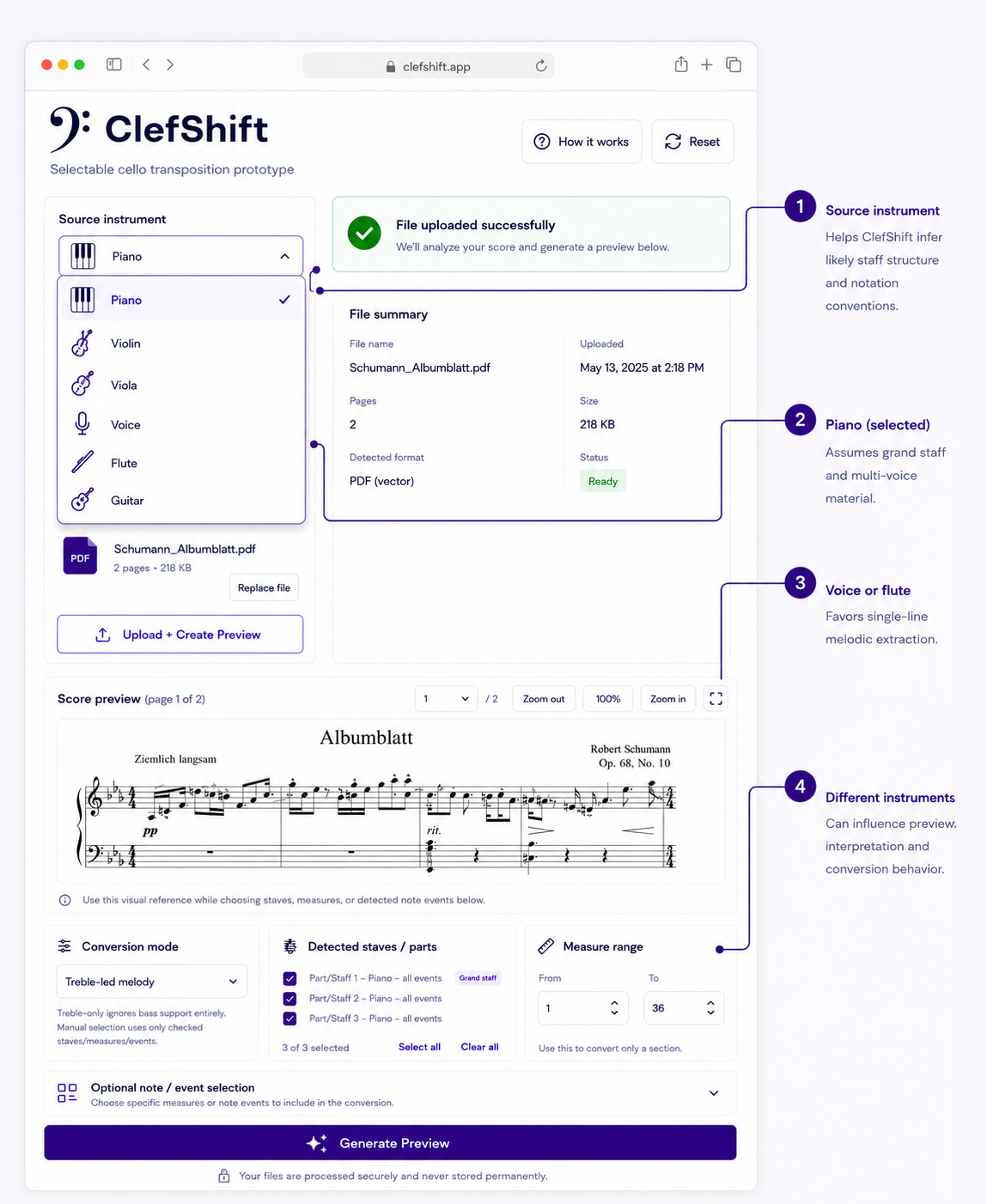 Annotated source-instrument selector explaining how piano, voice and other instruments affect interpretation.