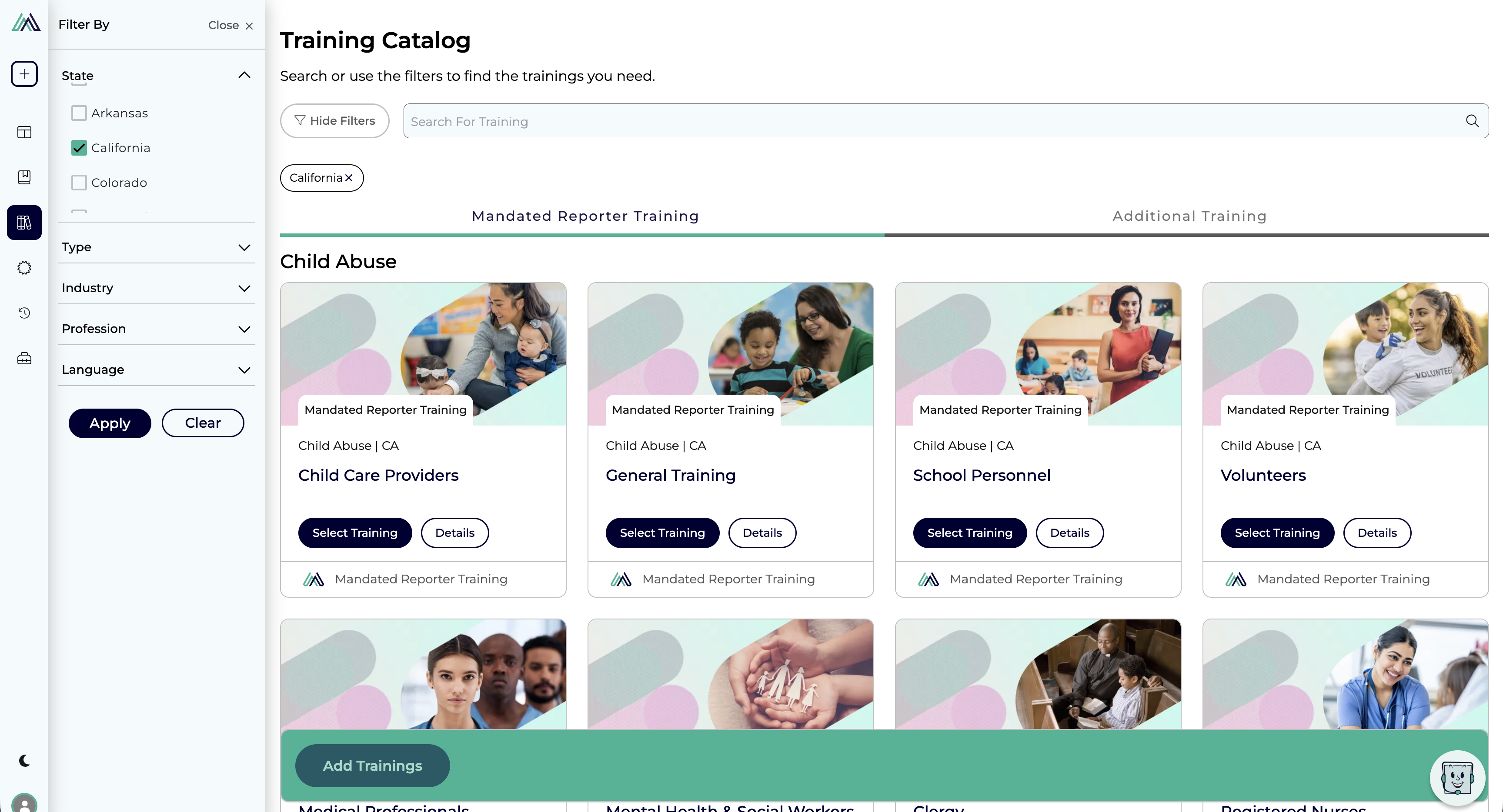 Training catalog with California selected and profession-specific course cards