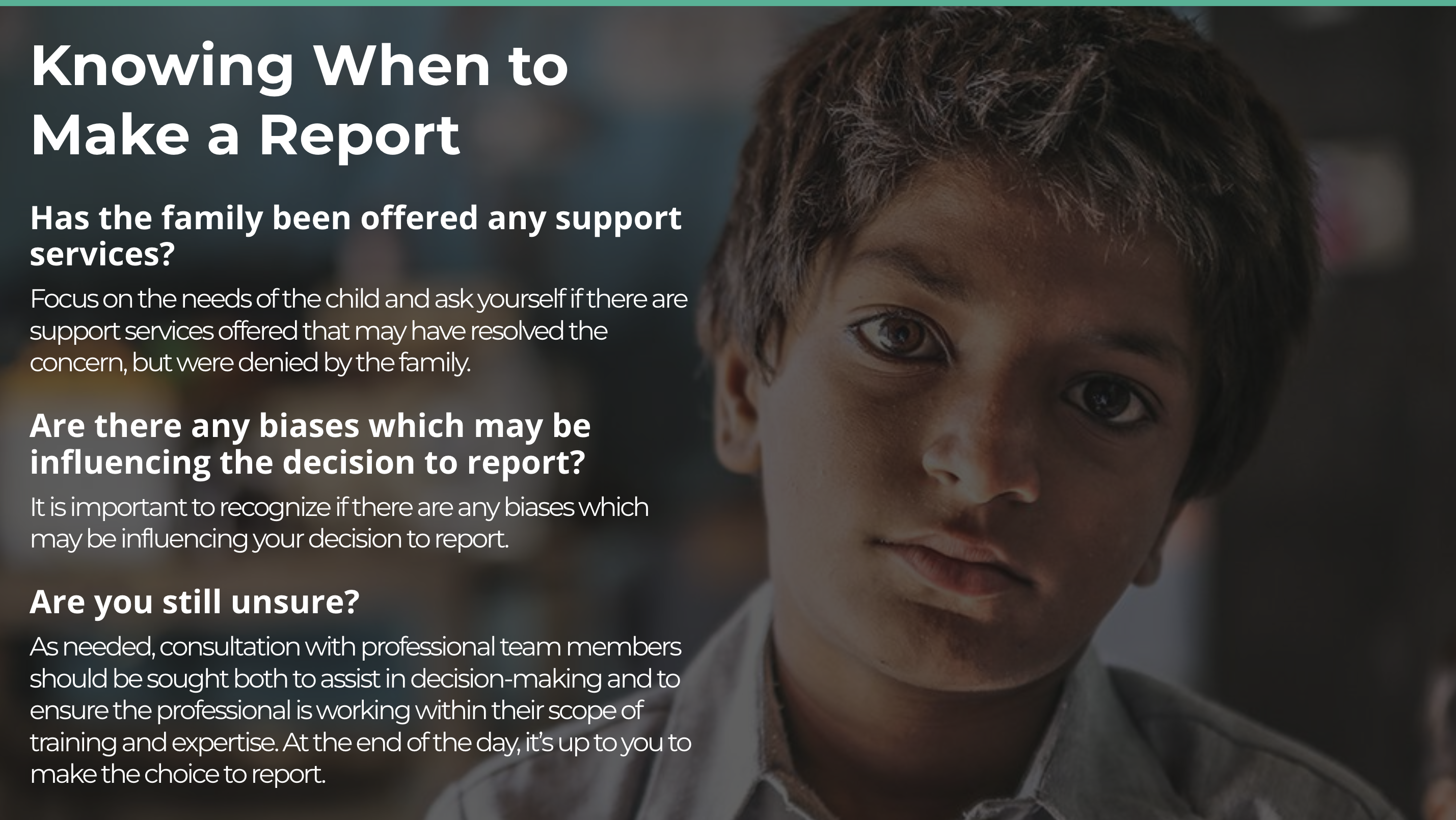 Knowing When to Make a Report lesson with prompts about support, bias, and uncertainty