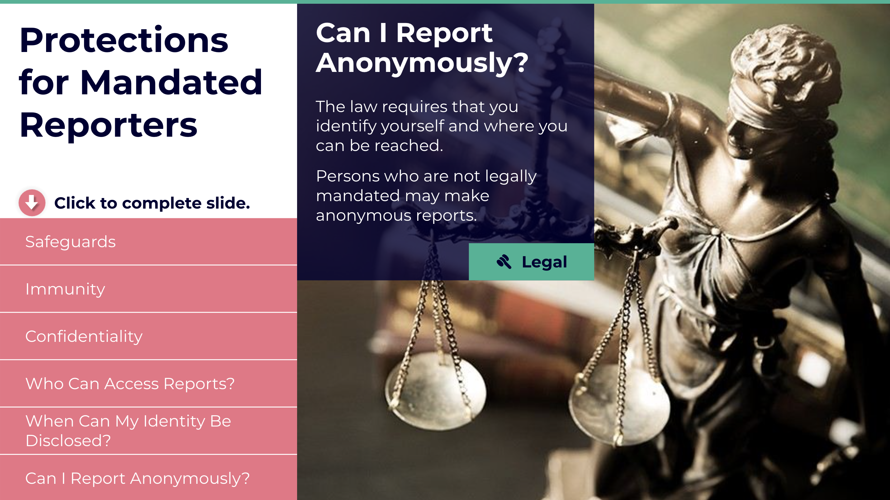 Protections for Mandated Reporters screen with topic navigation and an anonymity explanation