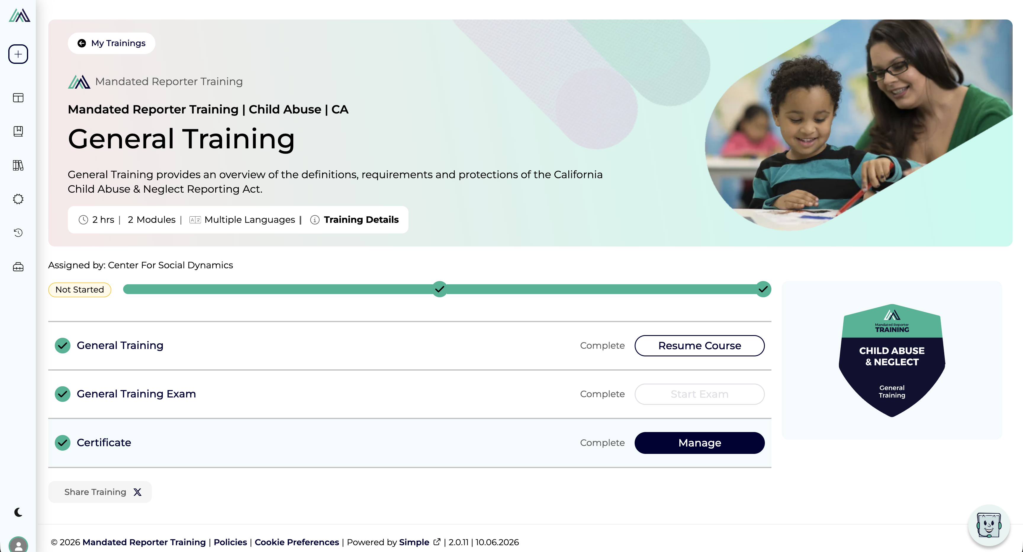 General Training LMS page with course, exam and certificate rows